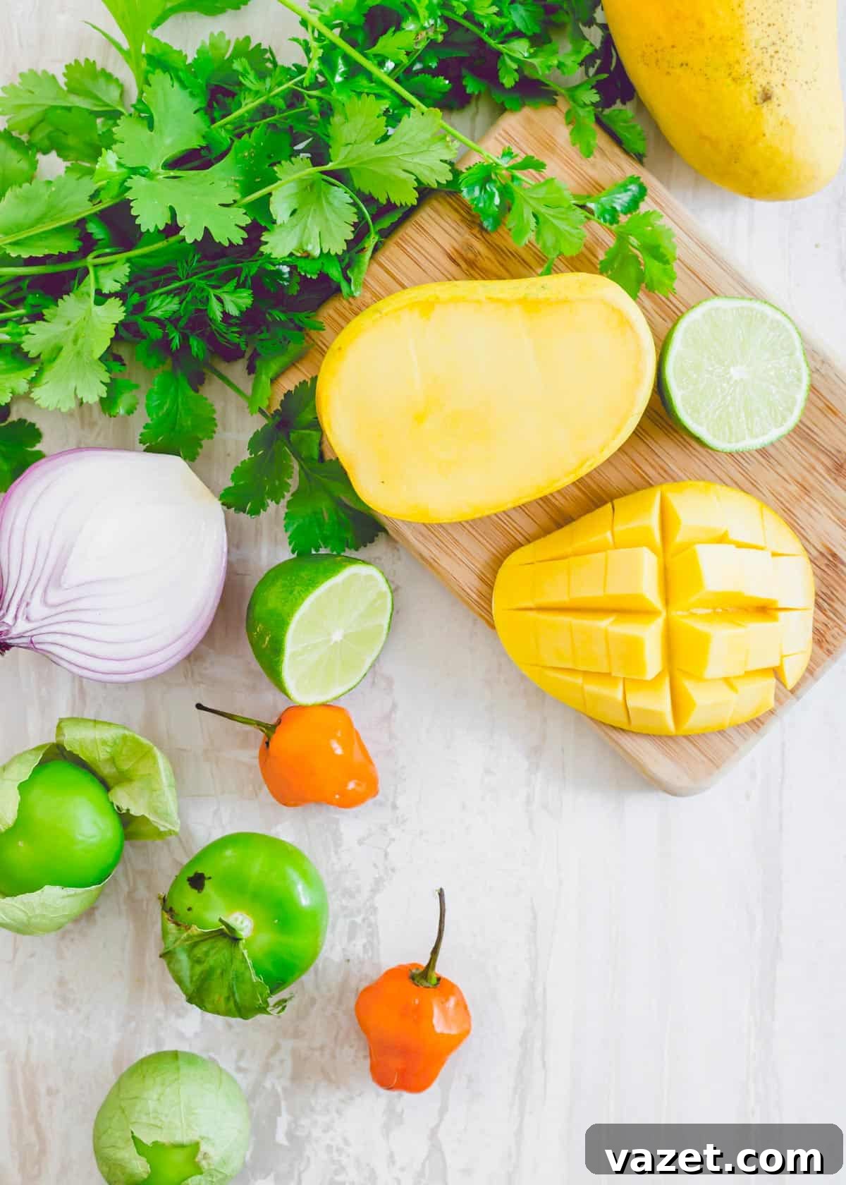 A collection of fresh ingredients laid out for making mango habanero salsa, including bright yellow mangoes, red habanero peppers, green tomatillos, a red onion, limes, and fresh cilantro sprigs.