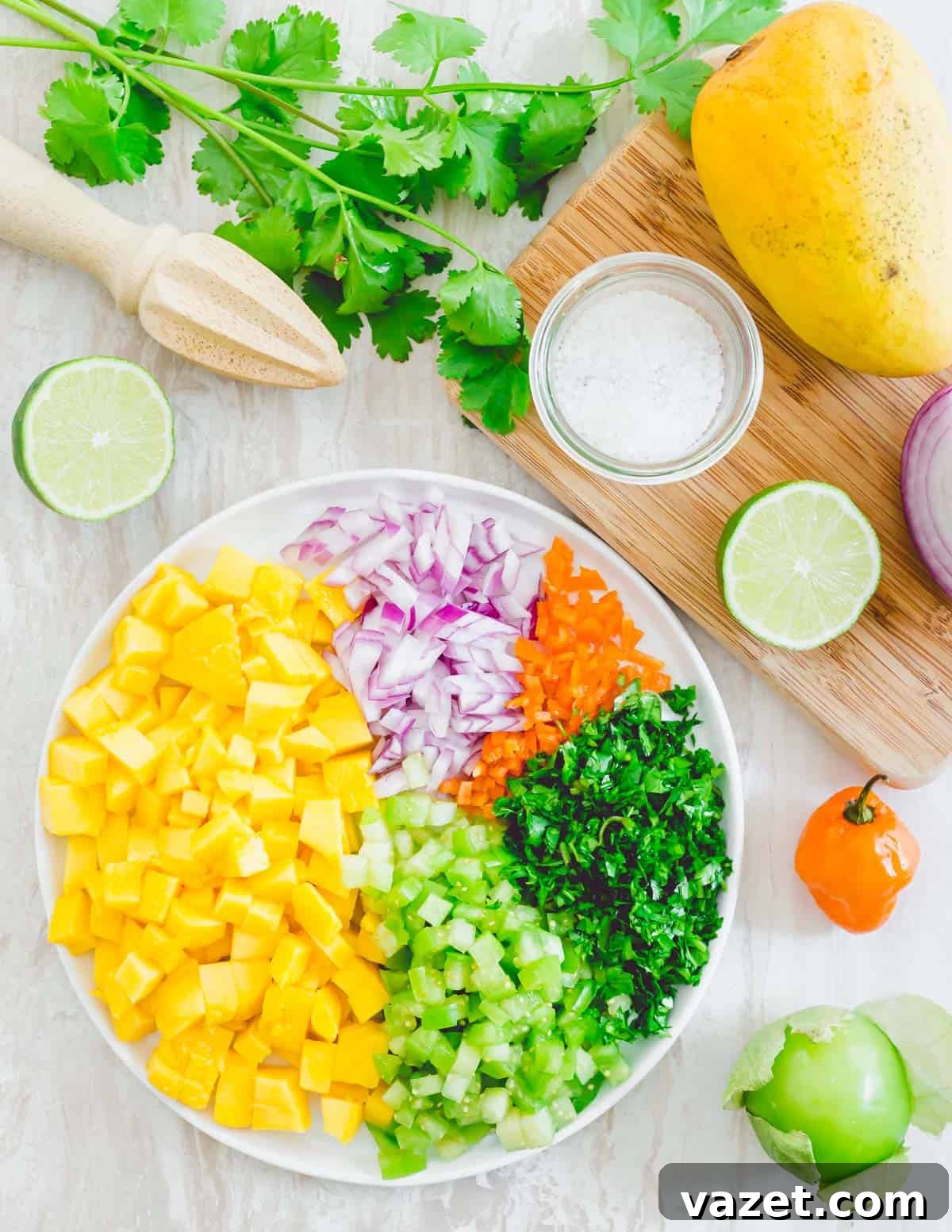 Finely diced mango, red onion, habanero pepper, cilantro, and tomatillos neatly arranged on a white plate, prepped and ready for mixing into salsa.