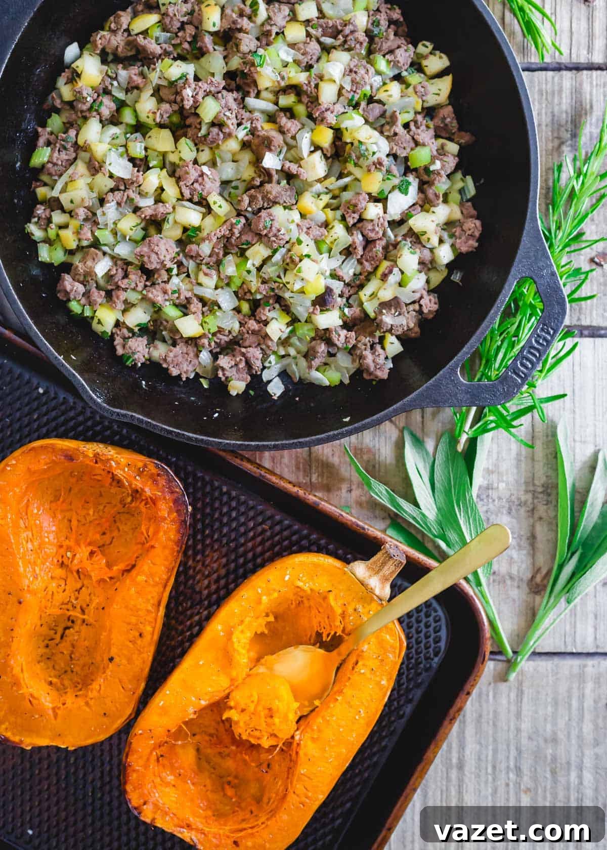 Ground meat with apples, onions, celery and rosemary to stuff roasted honeynut squash. Ground meat with apples, onions, celery and rosemary to stuff roasted honeynut squash.