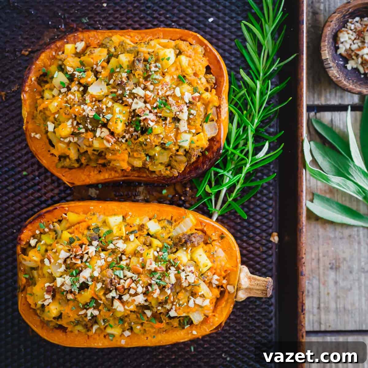 Roasted honeynut squash stuffed with an easy ground meat and rosemary flavored filling. Roasted honeynut squash stuffed with an easy ground meat and rosemary flavored filling.