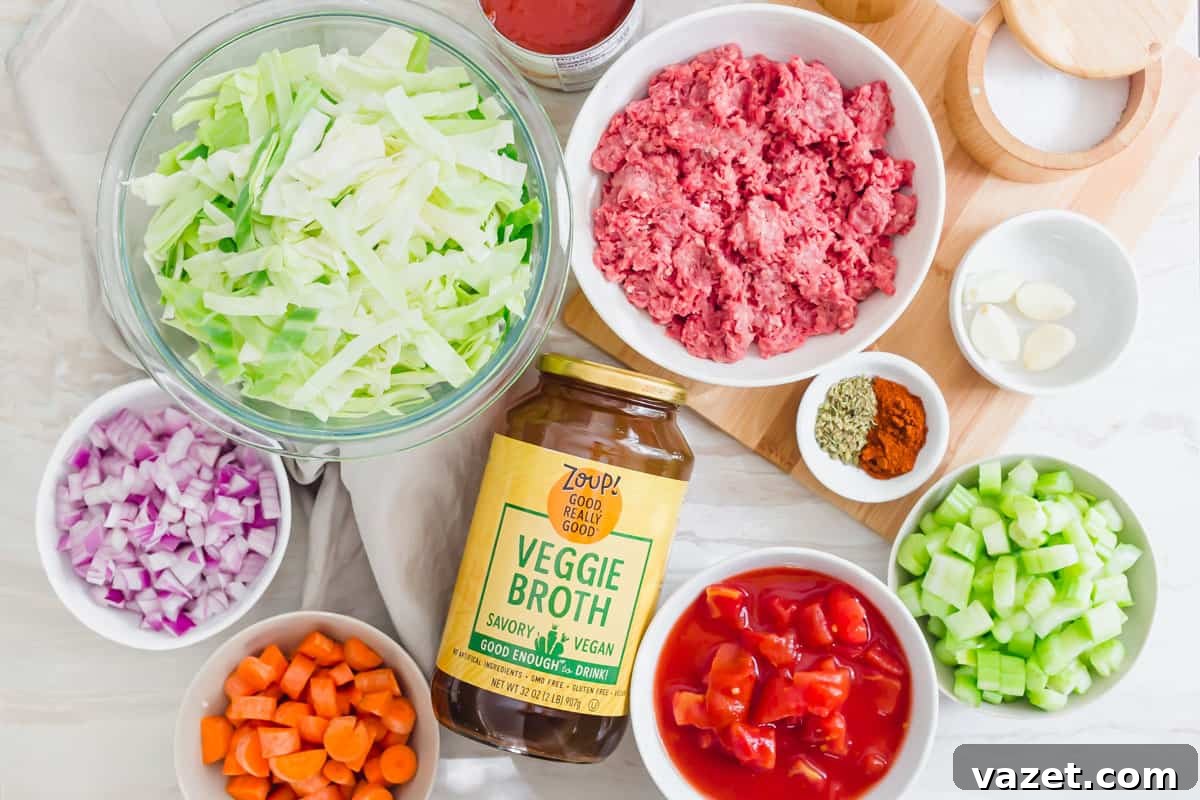 Ingredients to make cabbage soup with ground beef in the Instant Pot. Ingredients to make cabbage soup with ground beef in the Instant Pot.