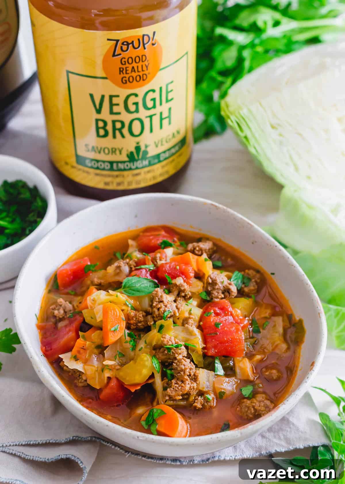 Instant Pot cabbage soup recipe in a serving bowl. Instant Pot cabbage soup recipe in a serving bowl.