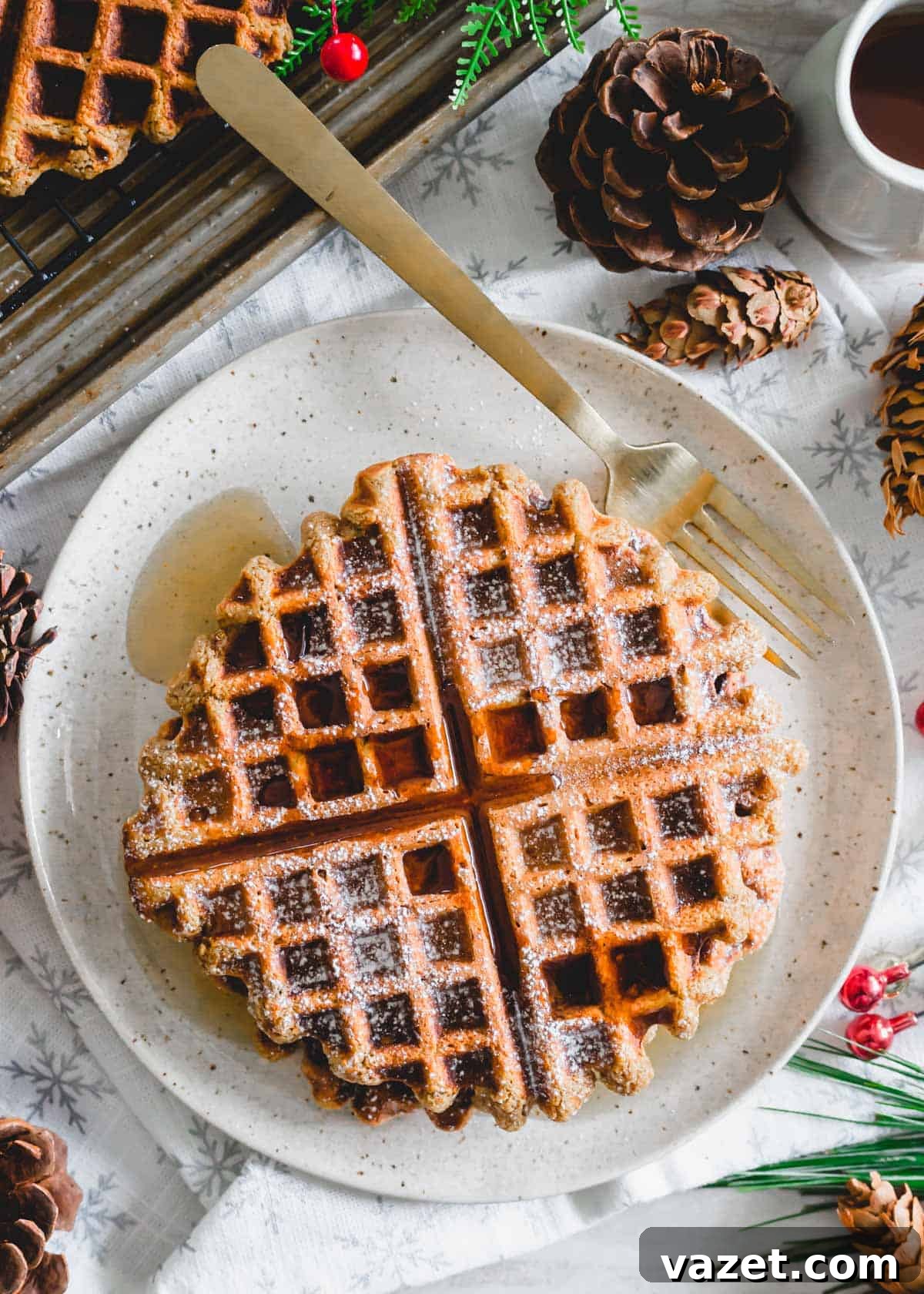 A stack of cozy gingerbread waffles, topped with a generous dusting of powdered sugar and a drizzle of maple syrup, on a plate with fresh berries.