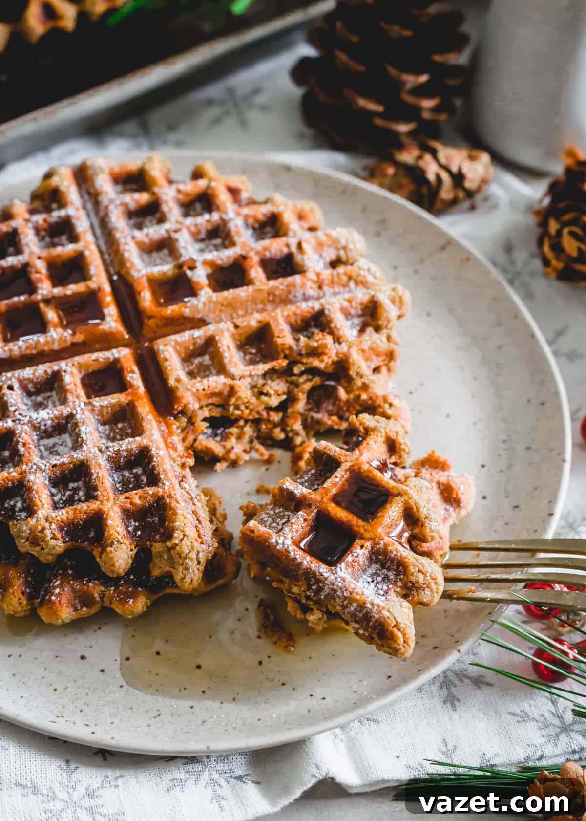 A close-up of a gingerbread molasses waffle cut into quarters, showcasing its tender interior and crispy edges on a plate.