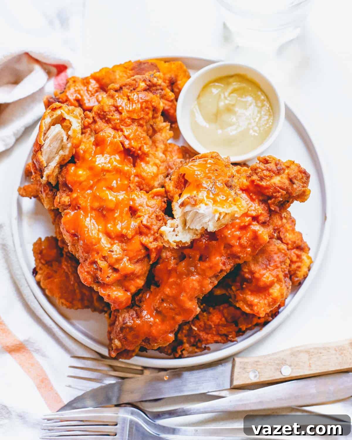 Air Fryer Buffalo Chicken Recipe Served on a Plate A generous serving of air fryer buffalo chicken tenders piled high on a plate, ready to be enjoyed with a side of dipping sauce.