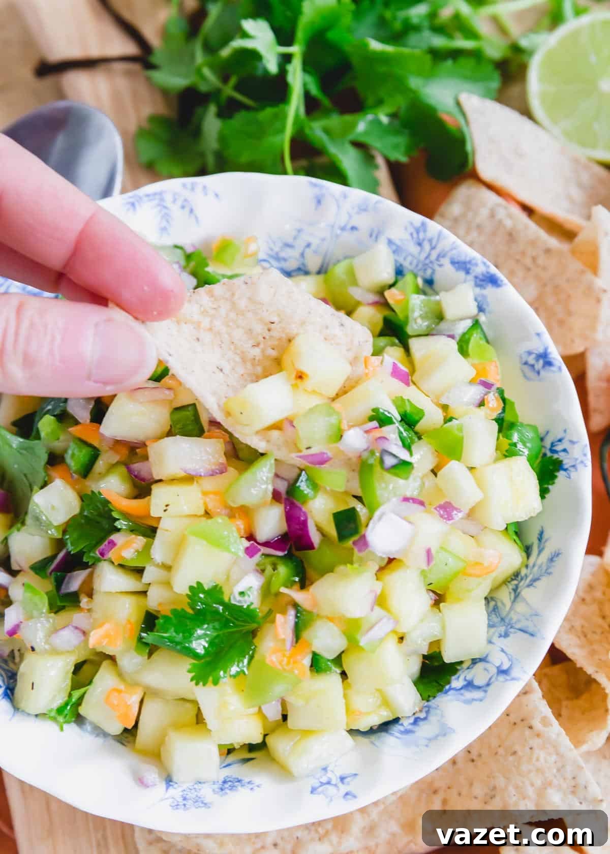 Scooping pineapple habanero pepper salsa with a tortilla chip. Scooping pineapple habanero pepper salsa with a tortilla chip.