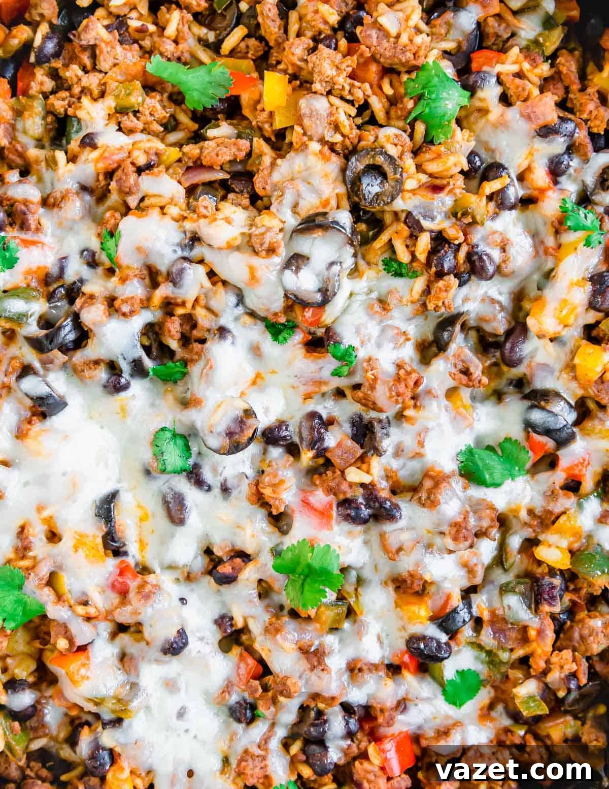 Mexican Ground Beef Skillet 6 Melted cheese on top of a Mexican ground beef skillet