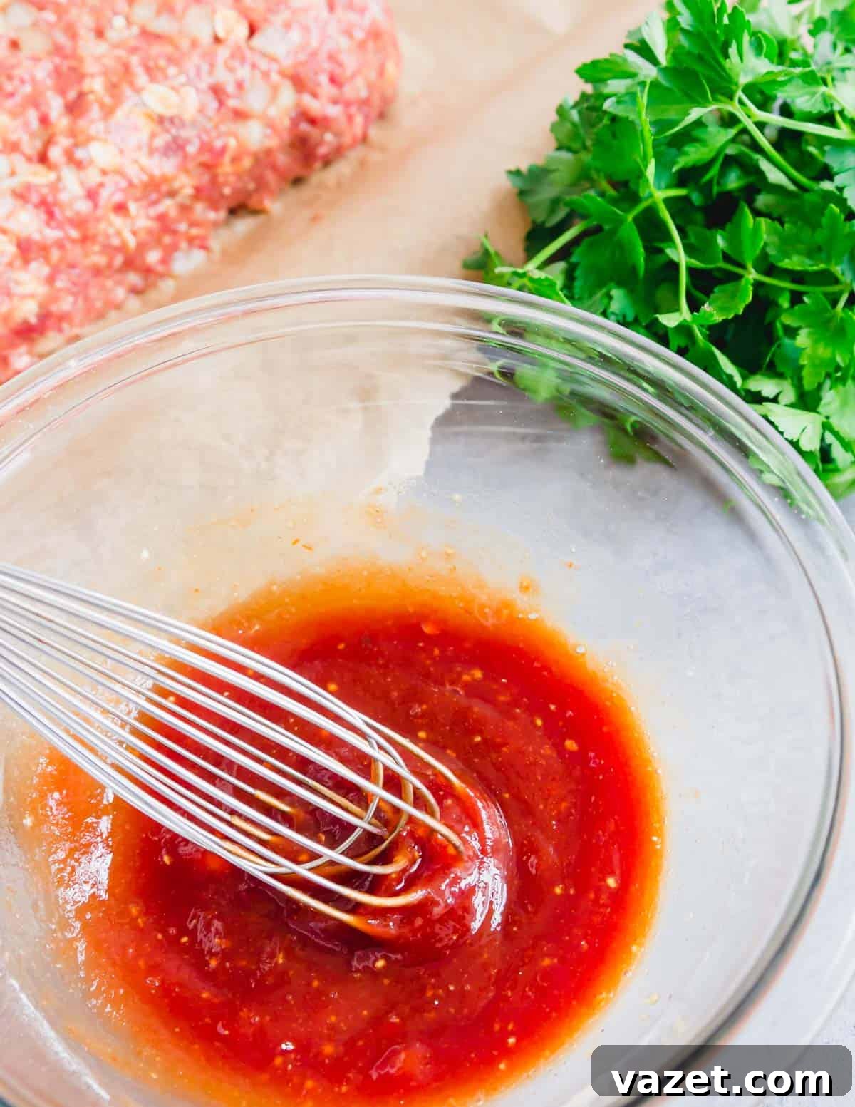 A whisk in a glass bowl with glaze for meatloaf. A stainless steel whisk rests in a clear glass bowl, showcasing the perfectly mixed, smooth, and glossy texture of the rich, sweet, and tangy meatloaf glaze.