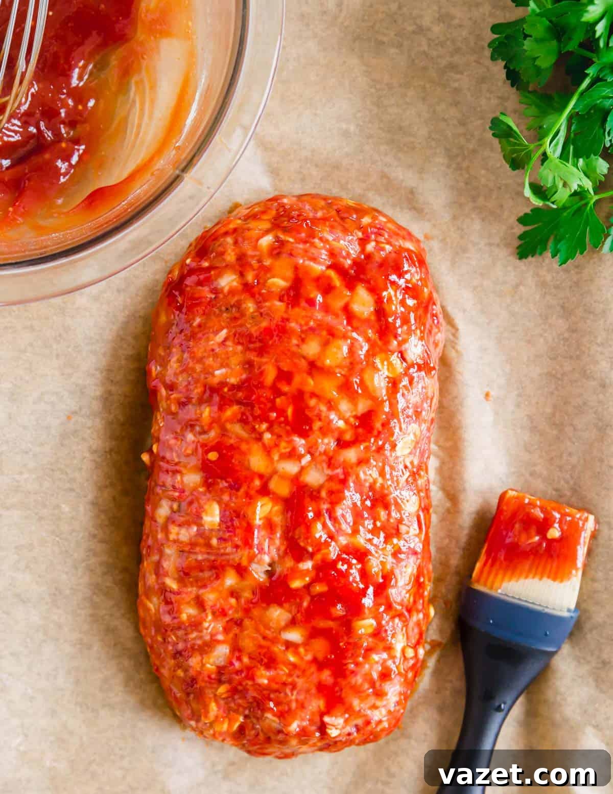 Shaping meatloaf on a baking sheet lined with parchment paper with a brush for glaze on the side. Hands carefully shaping the ground meat mixture into a uniform loaf on a parchment-lined baking sheet, with a glazing brush visible nearby.