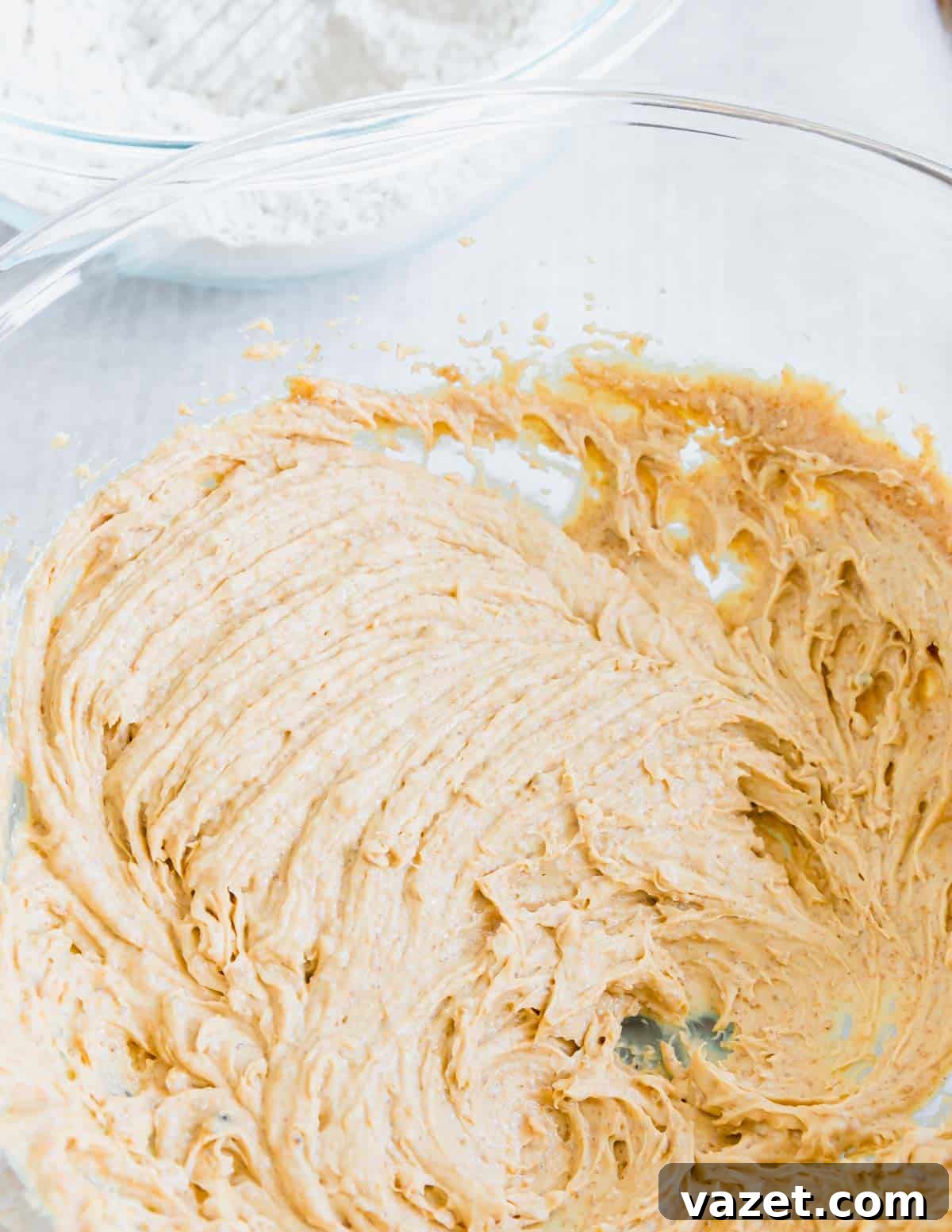 Flourless Peanut Butter Delights 3 Peanut butter cookie dough in a glass bowl.