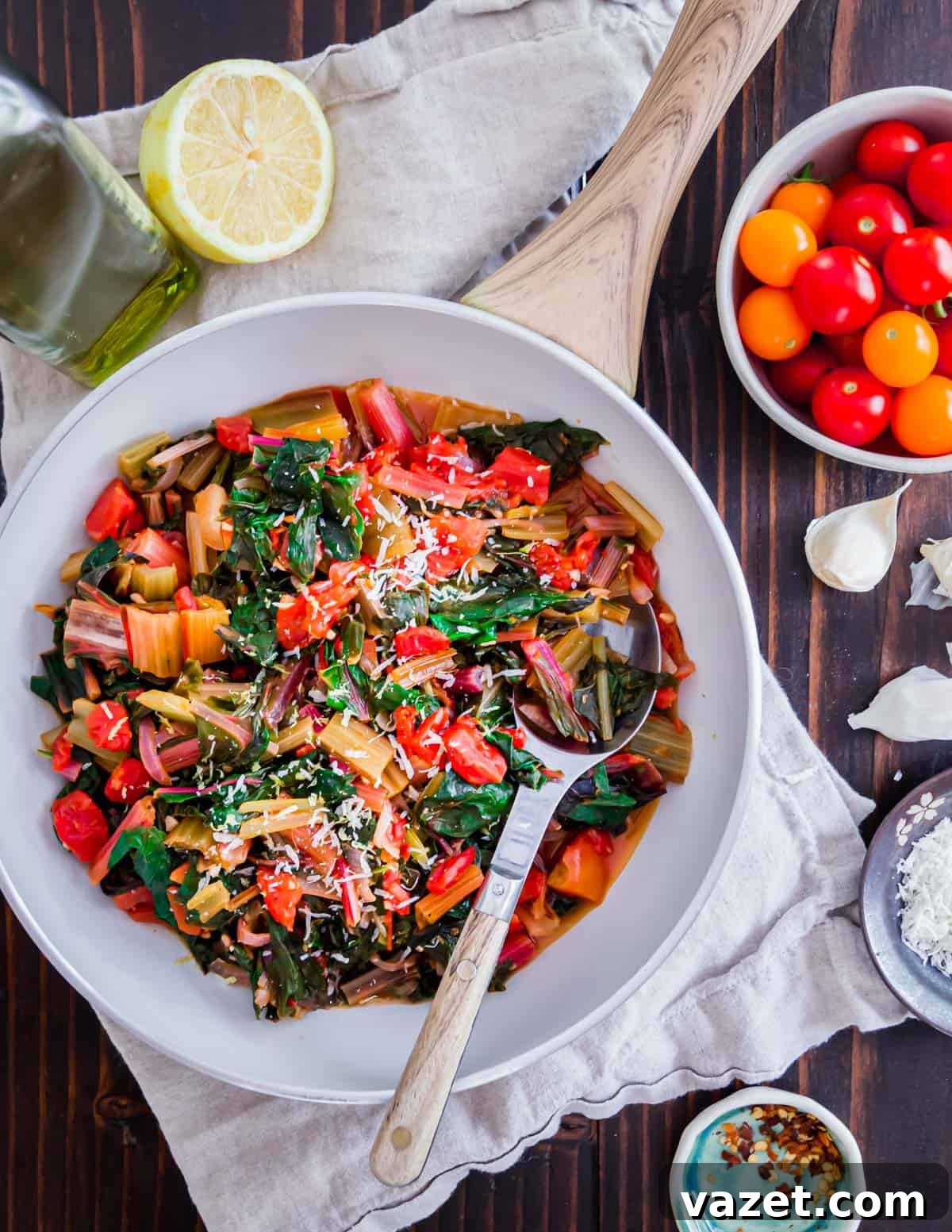 Quick Sauteed Swiss Chard 6 A delectable serving of easy sautéed Swiss chard, brightly flavored with tomatoes, onions, garlic, and lemon, makes a perfect healthy summer vegetable side dish.