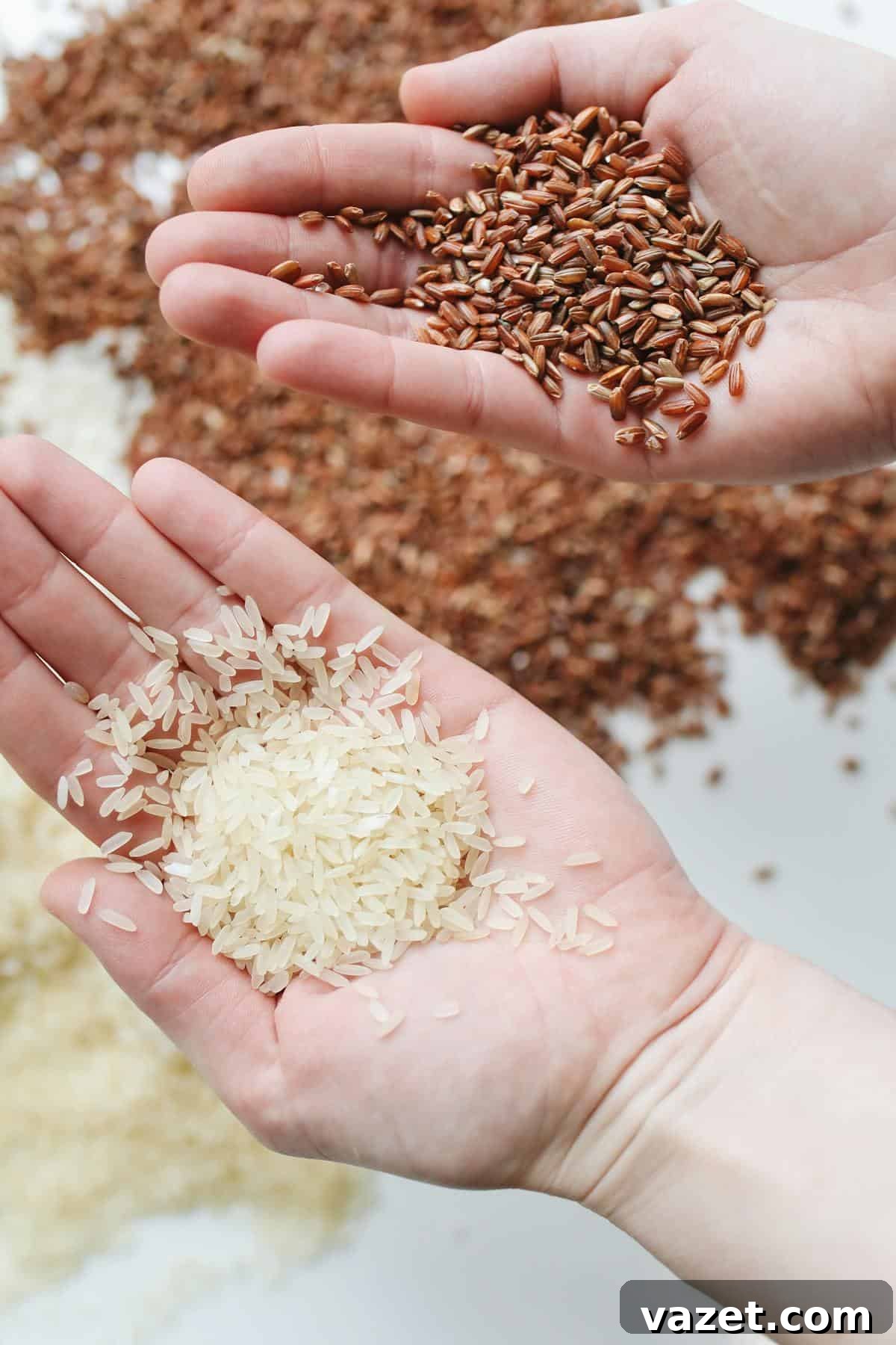 A Rice Odyssey Discovering Grains Beyond Basmati 2 Two open hands holding different types of rice grains, with scattered grains visible in the background.