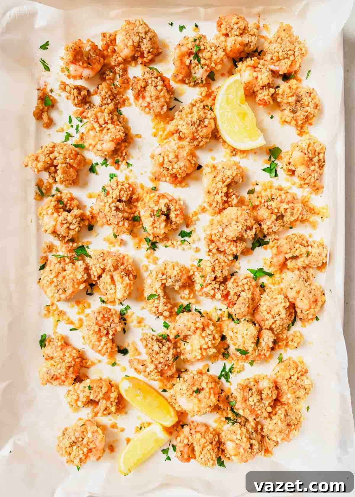 Quick Baked Shrimp Poppers 8 Baked popcorn shrimp on a parchment-lined baking sheet, golden and crispy, accompanied by fresh lemon wedges.