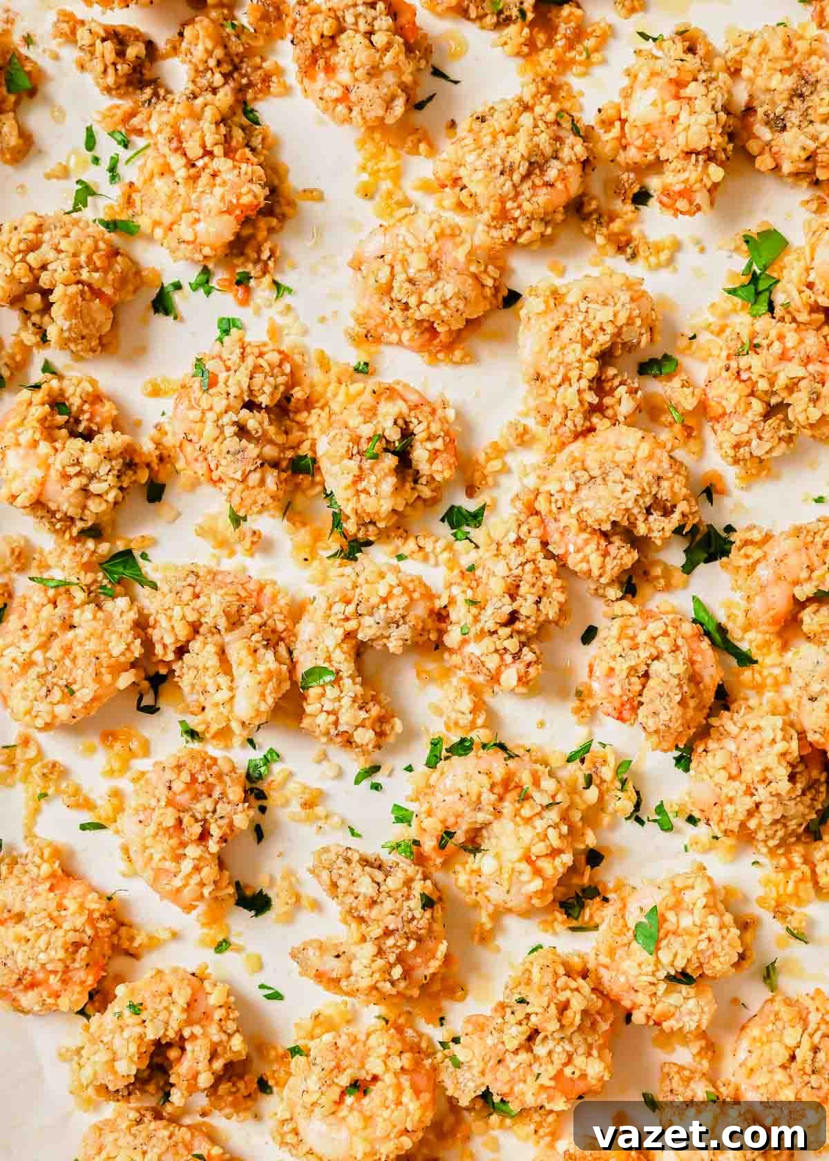 Quick Baked Shrimp Poppers 10 A baking sheet filled with oven-baked popcorn shrimp, freshly garnished with chopped parsley, ready to be served.