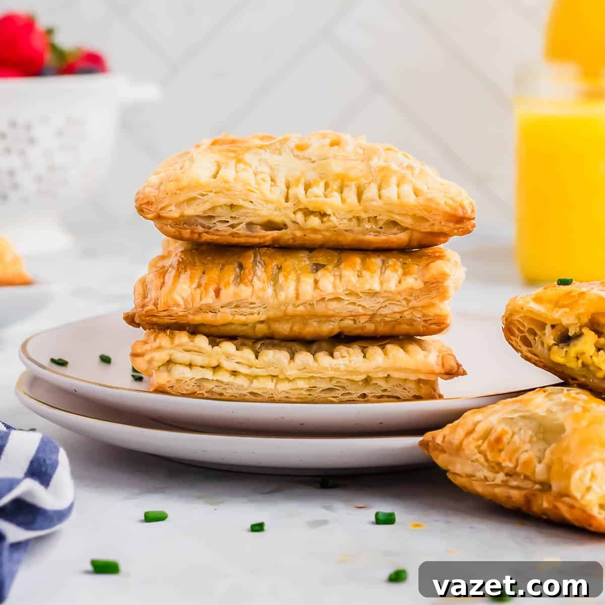 Artisan Stuffed Pockets 10 A stack of breakfast hot pocket pastries on a plate next to orange juice.