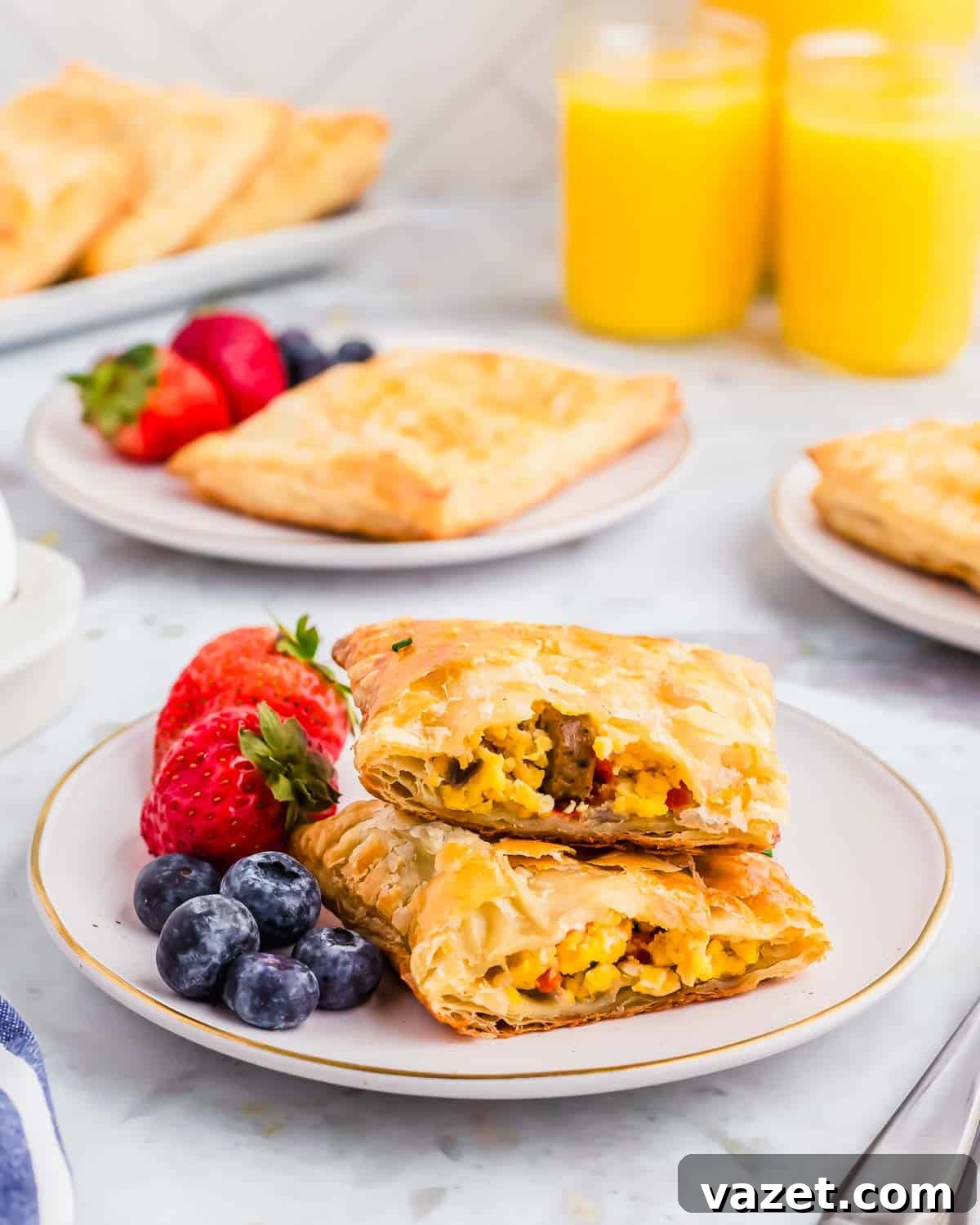 Artisan Stuffed Pockets 11 A stack of breakfast pastries on a plate with berries and orange juice.