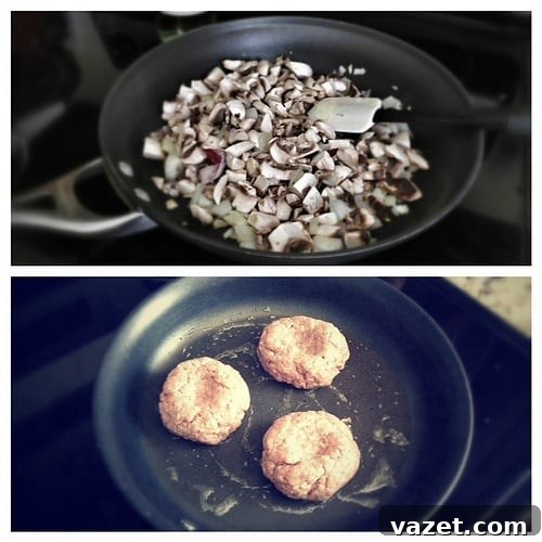 Close-up of mushroom swiss sliders cooking on a pan