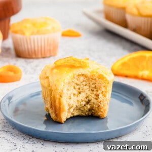 Zesty Orange Muffins 11 A delicious orange muffin on a blue plate with a bite taken out, revealing its moist, tender interior.