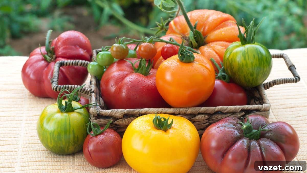 Home Freezing Tomatoes Made Simple 3 Assorted ripe tomatoes in various colors arranged in a wicker basket and on a table.