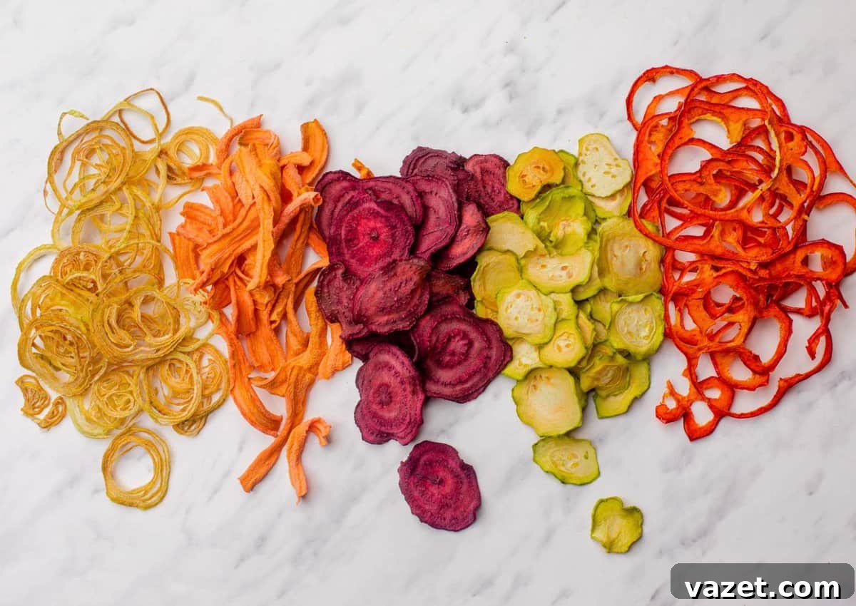 An assortment of the best foods to dehydrate lies on a marble surface, featuring beet, carrot, zucchini, and bell pepper slices turned into crisp vegetable chips.