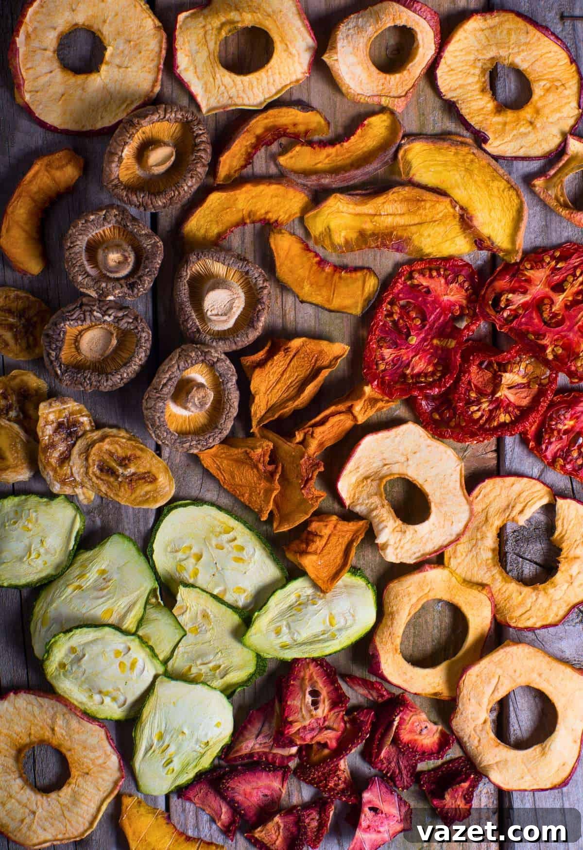 An assortment of the best foods to dehydrate, featuring apple slices, bananas, zucchini, strawberries, tomatoes, and mushrooms, arranged on a rustic wooden surface.