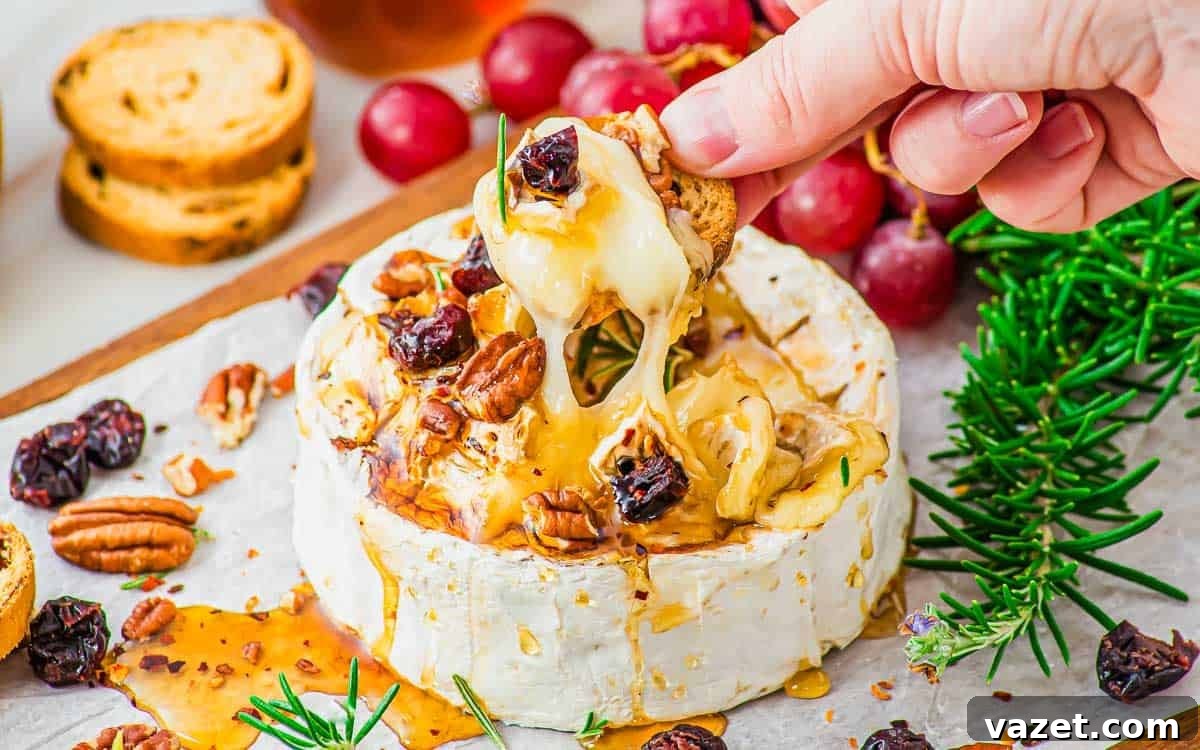Honey-Kissed Baked Brie 3 A hand dips a cracker into melted baked brie topped with pecans, dried cranberries, honey, and rosemary. Grapes, more toasts, and fresh rosemary are on the side.