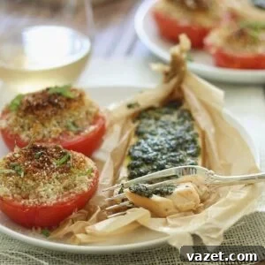 Slow-Roasted Basil Tomatoes 2 Parchment baked pesto salmon with basil tomatoes.