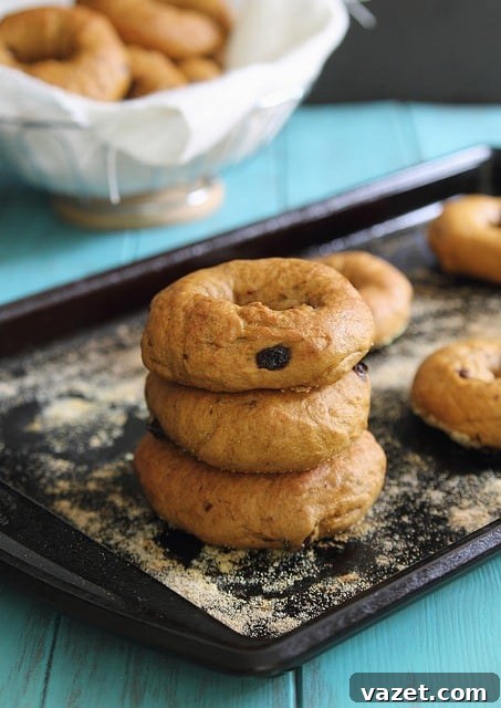 Perfectly baked pumpkin bagels with plump raisins