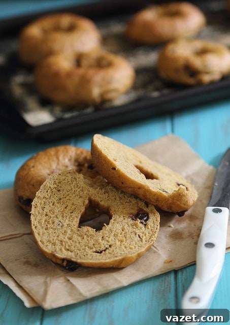 Close-up of freshly baked homemade pumpkin raisin bagels