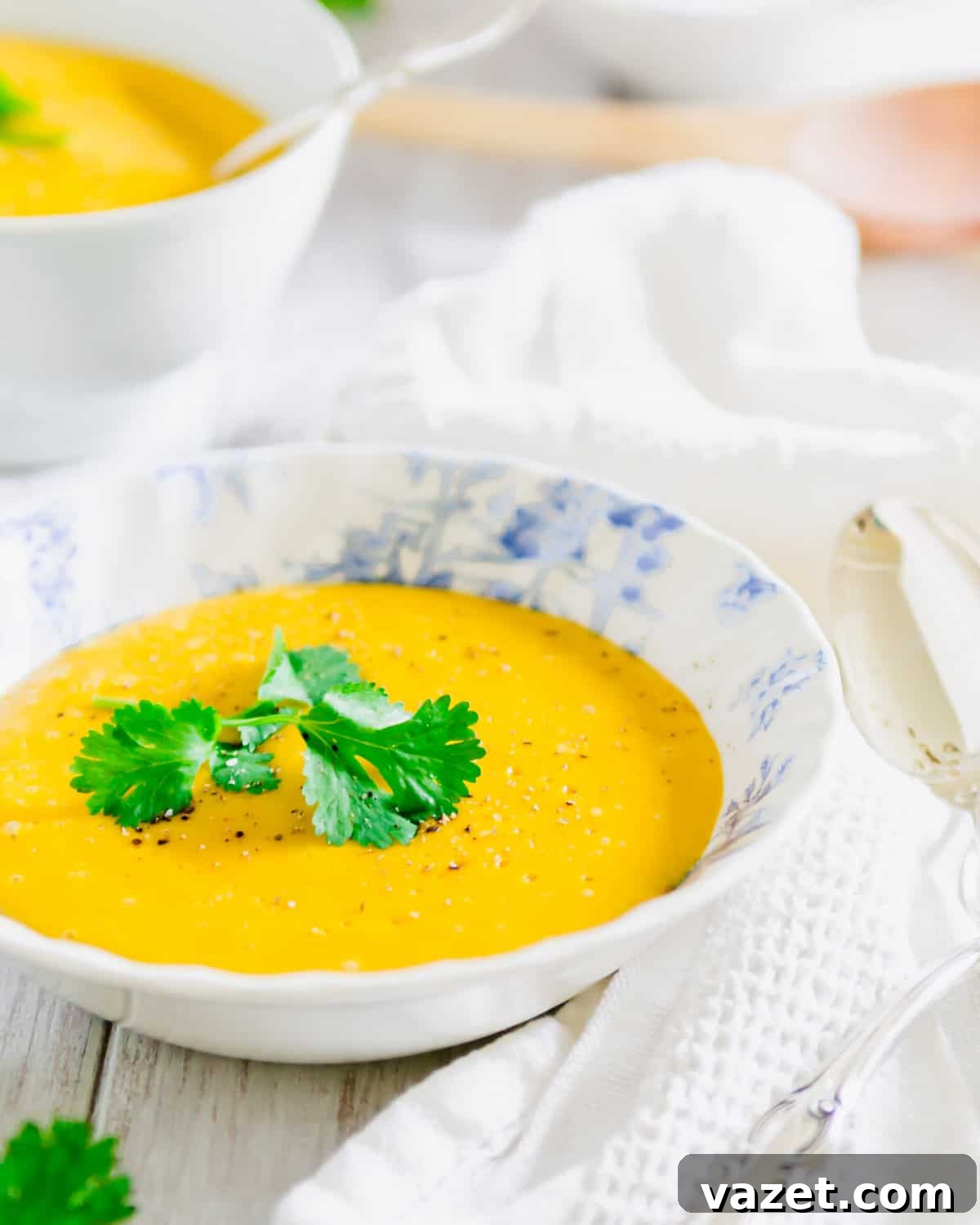 Velvety Pumpkin Potato Soup 4 Blender pumpkin potato soup in a blue and white bowl, garnished with fresh parsley.