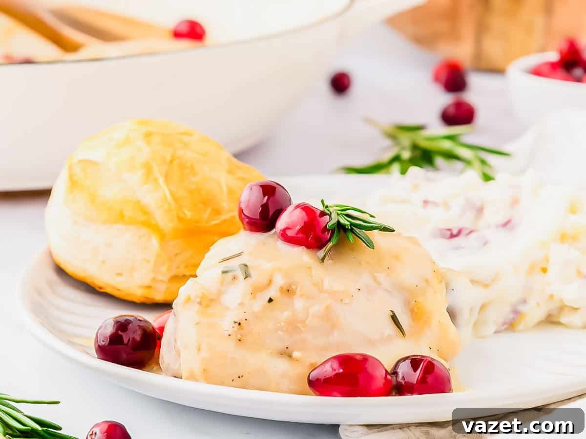 Cranberry Chicken Delight 6 Cranberry chicken served with mashed potatoes and a biscuit.