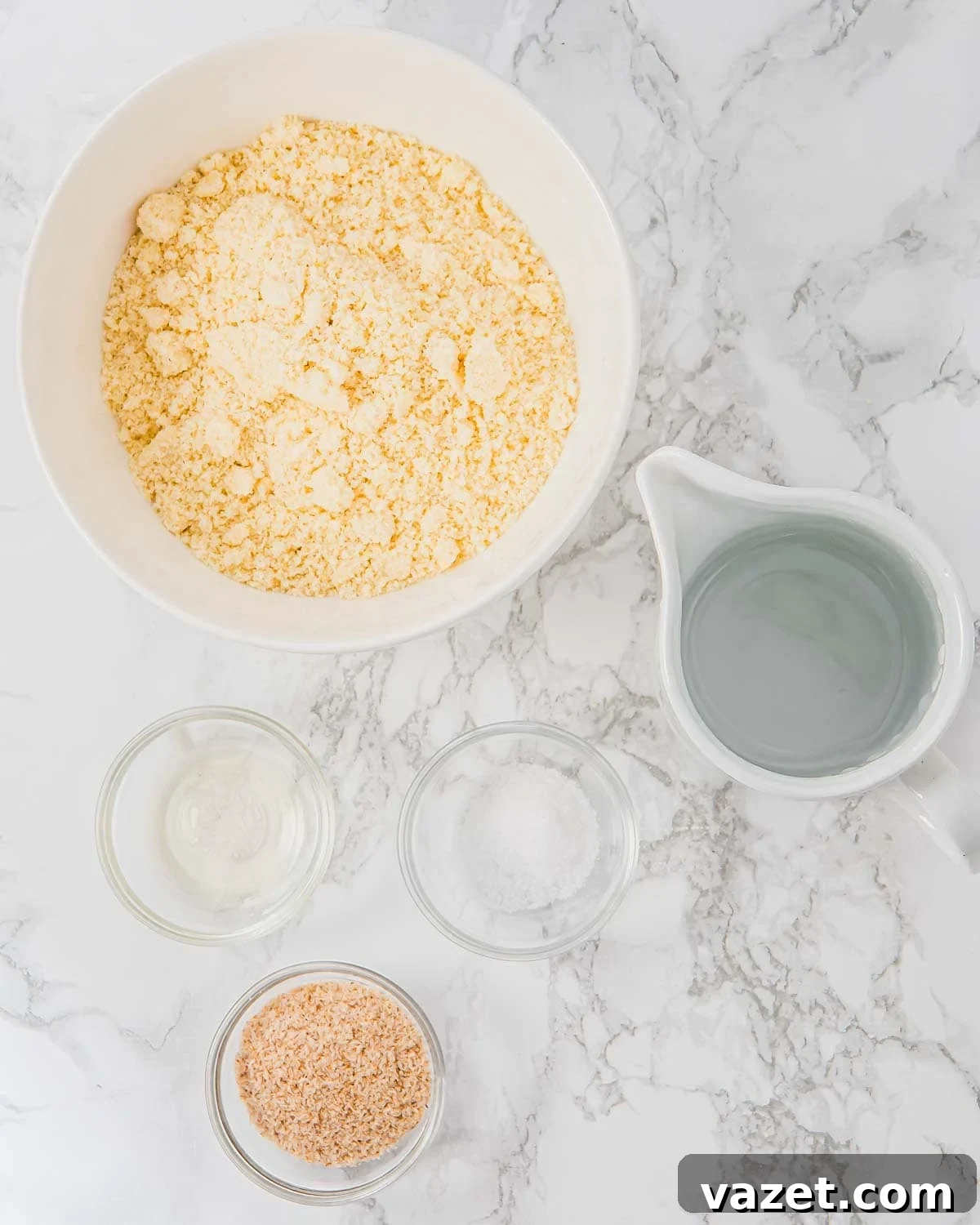 Ingredients for almond flour tortillas: almond flour, psyllium husk, water, vinegar, and salt.