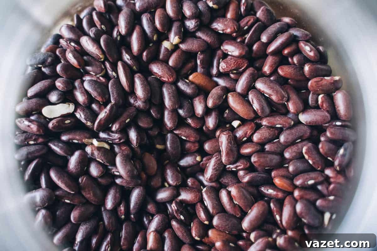 A close-up view of a large, clear container generously filled with uncooked red kidney beans, capturing the rich color and smooth texture of the legumes. The container occupies most of the frame, emphasizing the abundance of the beans.