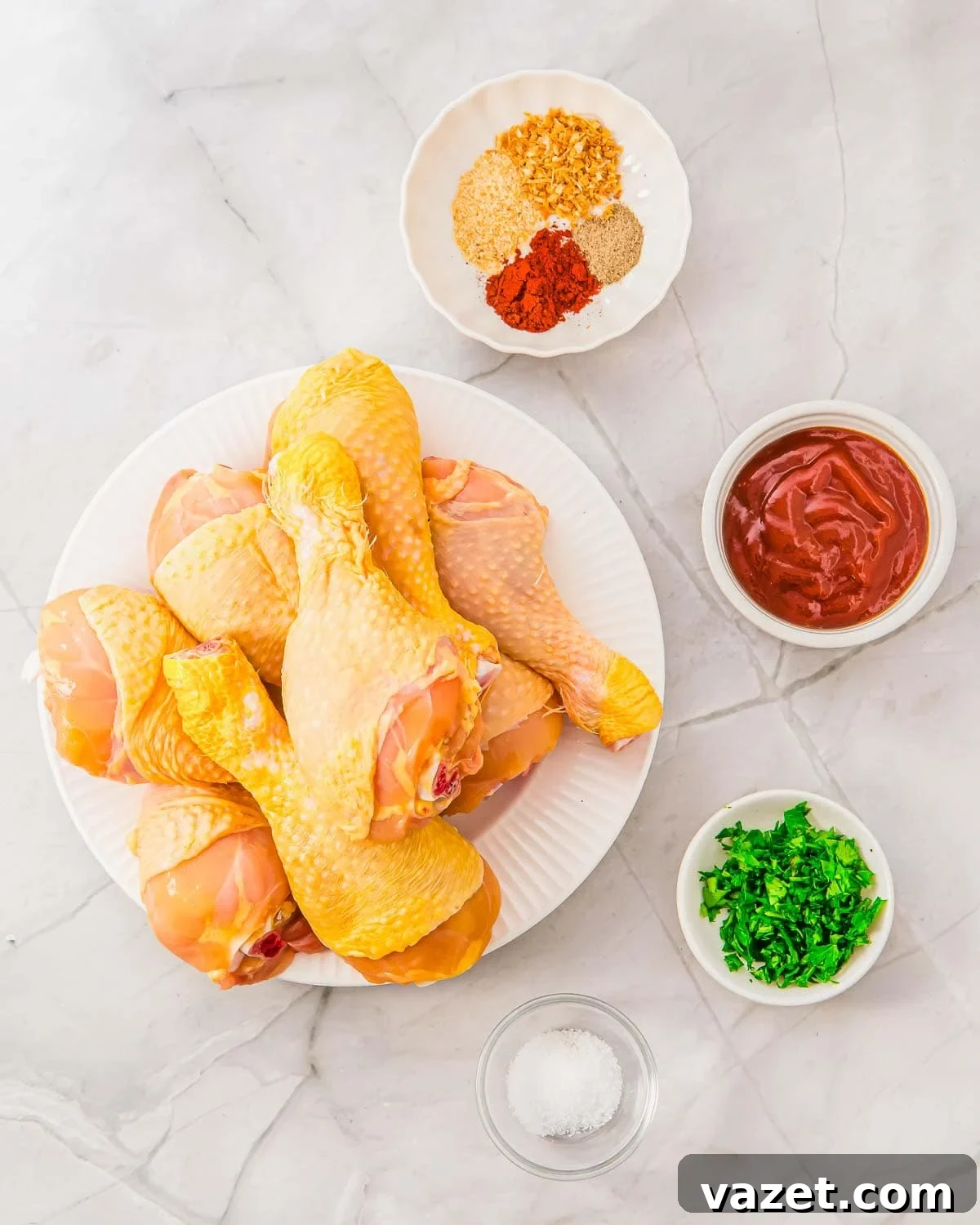 Raw chicken drumsticks on a white plate, surrounded by small bowls containing spices, BBQ sauce, chopped herbs, and salt, arranged on a white marble surface.