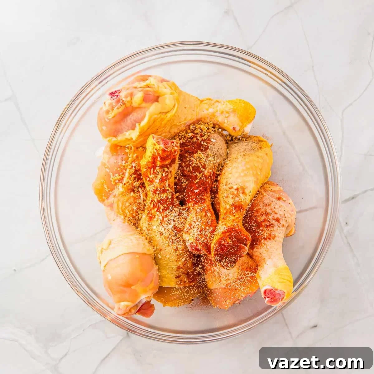 A glass bowl filled with raw chicken drumsticks sprinkled with spices, set on a white marble surface.