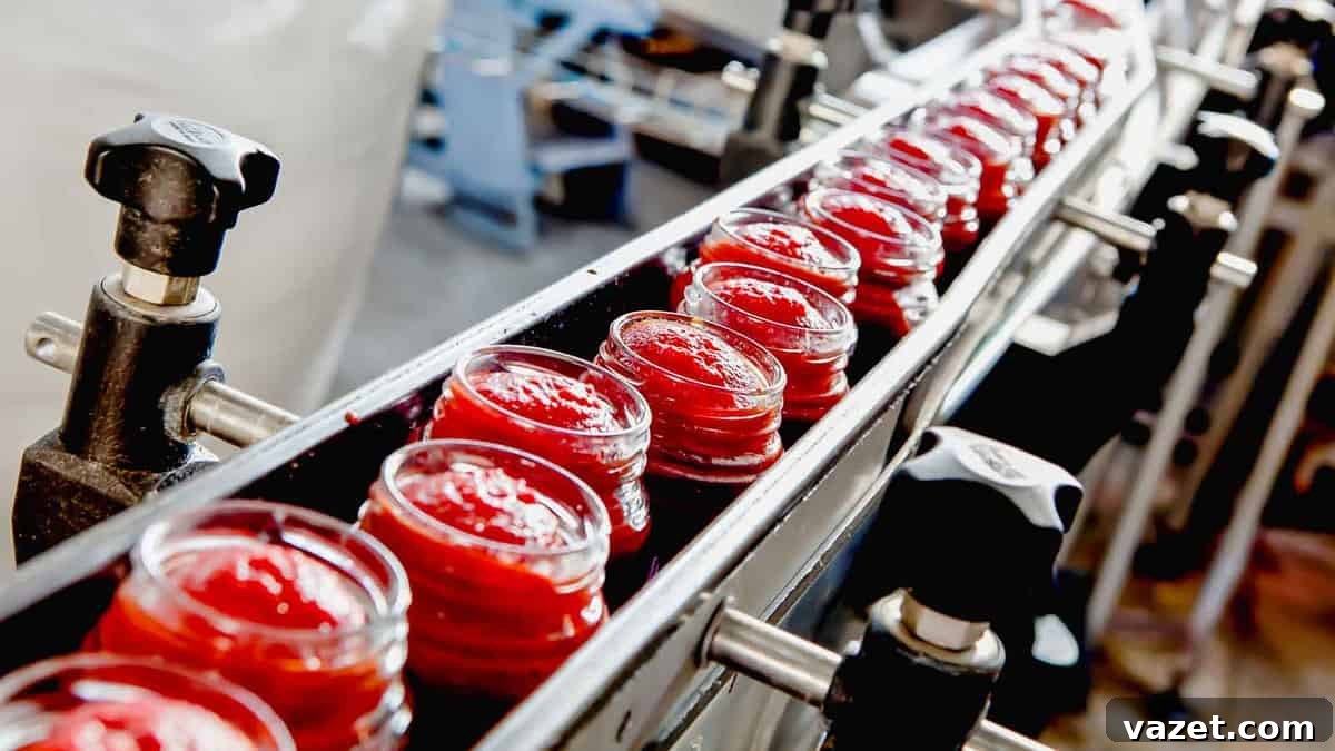 Canned Tomatoes Guide: Varieties and How to Use Them in Recipes 3 Jars of red sauce on a conveyor belt in a food processing plant.
