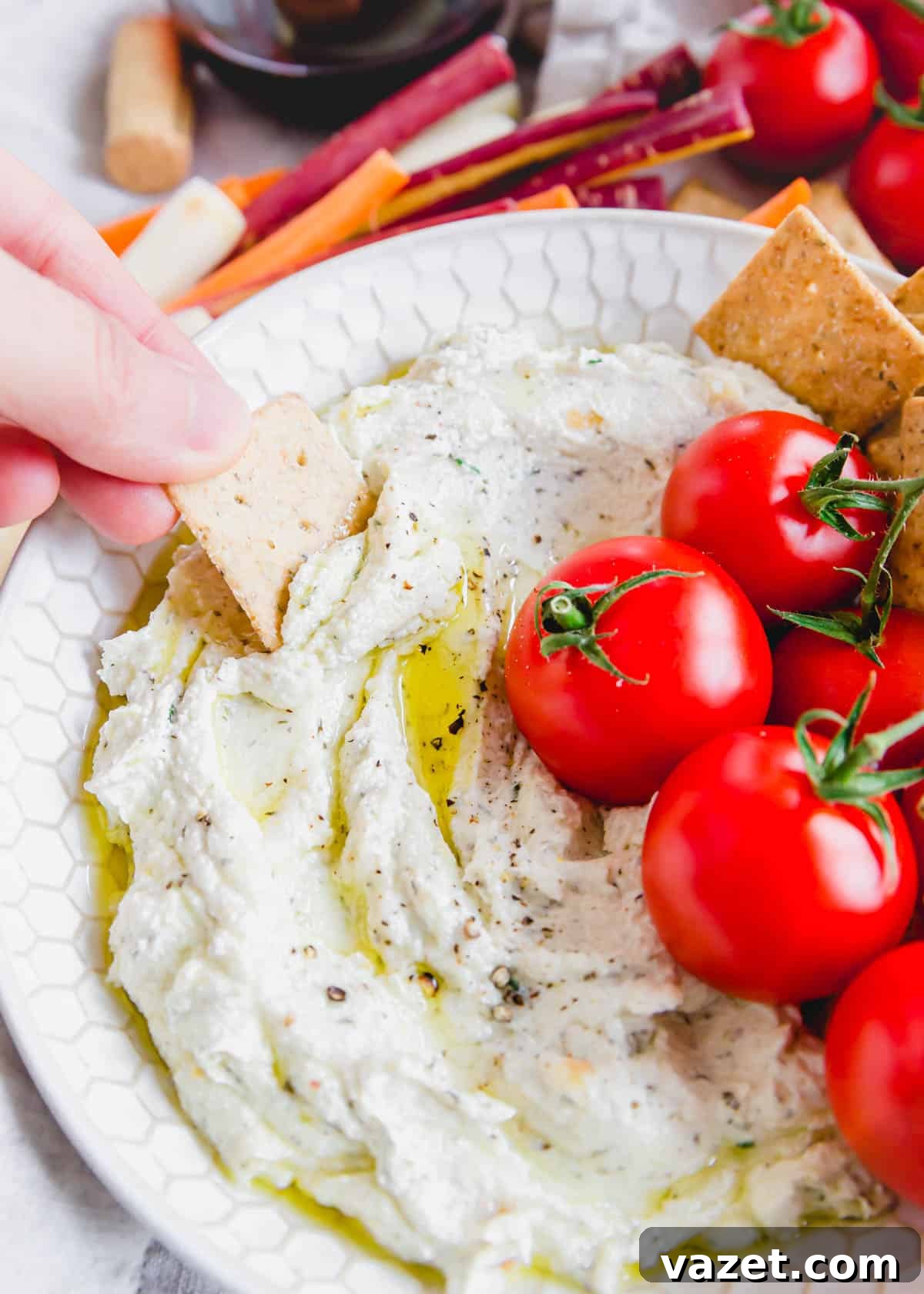 Roasted garlic whipped goat cheese dip.