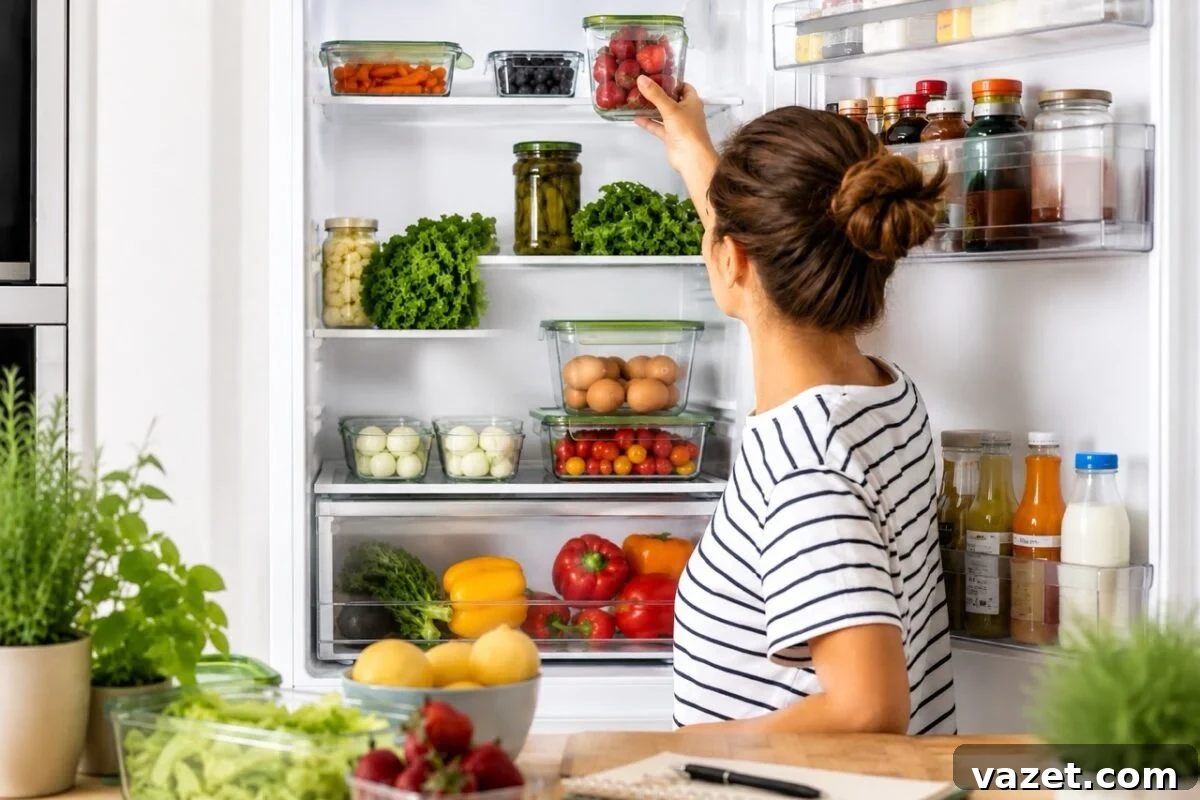 A woman in a striped shirt is reaching into an open refrigerator filled with fresh vegetables, eggs, jars, and bottles. The fridge shelves hold greens, berries, peppers, and organized food containers.