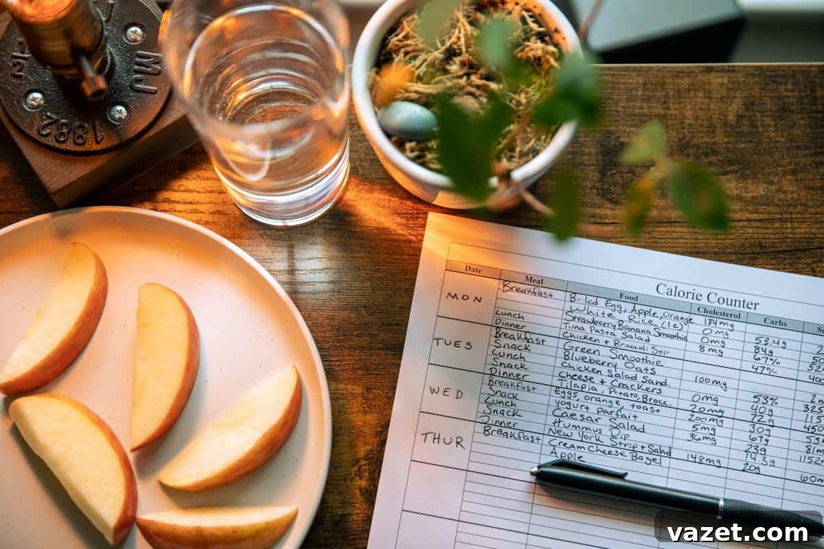 A plate with apple slices, a glass of water, a potted plant, and a calorie counter chart with a pen on a wooden table, tracking meals and calories for the week.