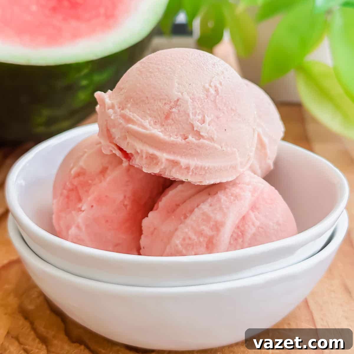 Creamy Watermelon Ice Cream Recipe 3 Three scoops of creamy watermelon ice cream served in a white bowl, with a blurred watermelon slice and green leaves in the background.