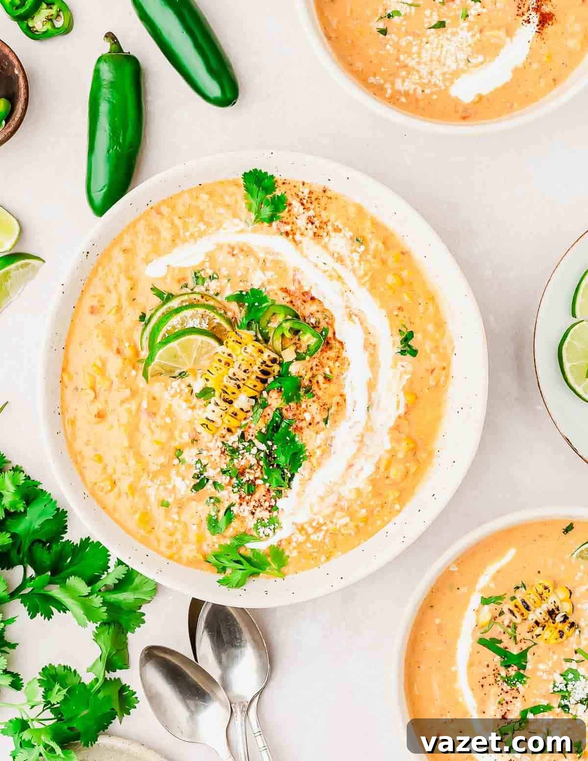 A bowl of Mexican street corn soup garnished with grilled corn, lime slices, fresh cilantro, sliced jalapeño, and a swirl of cream, surrounded by more soup bowls, jalapeños, lime wedges, cilantro, and two silver spoons.